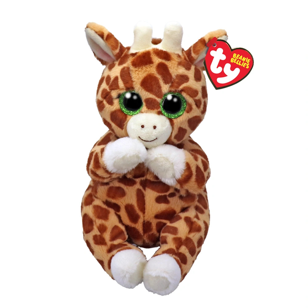 TY - Beanie Bellies Tippi spotted giraffe 20 cm plush toy with expressive green eyes and a brown and white spotted pattern.