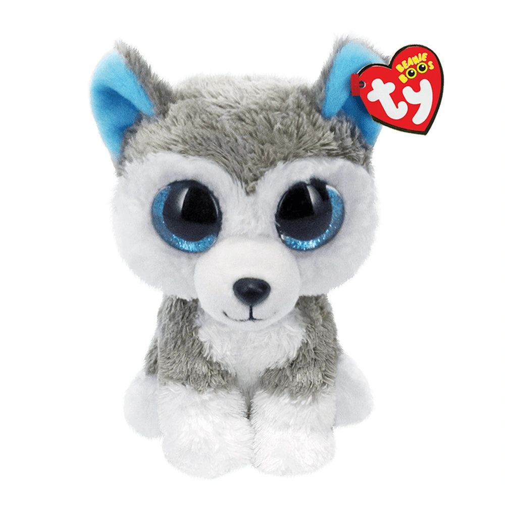TY - Beanie Boos Sluch plush toy, a gray and white husky dog with blue eyes and a cute design, showcasing soft material.